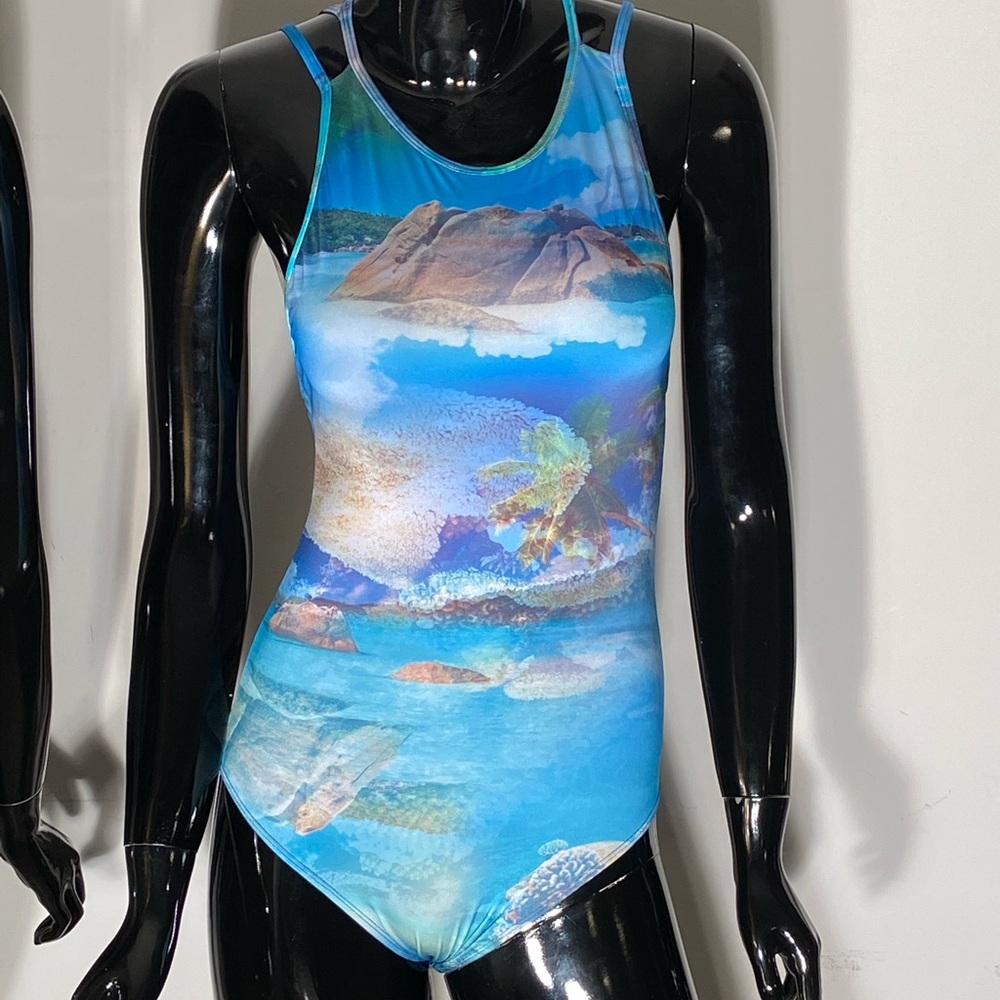 one piece with strappy back, hook closure.